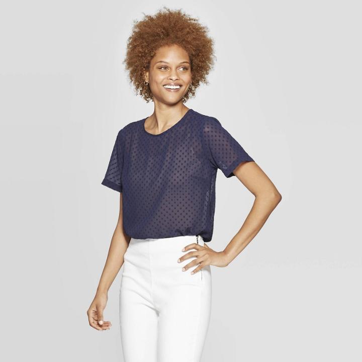Women's Short Sleeve Crewneck Clip Spot Woven Top - A New Day Navy