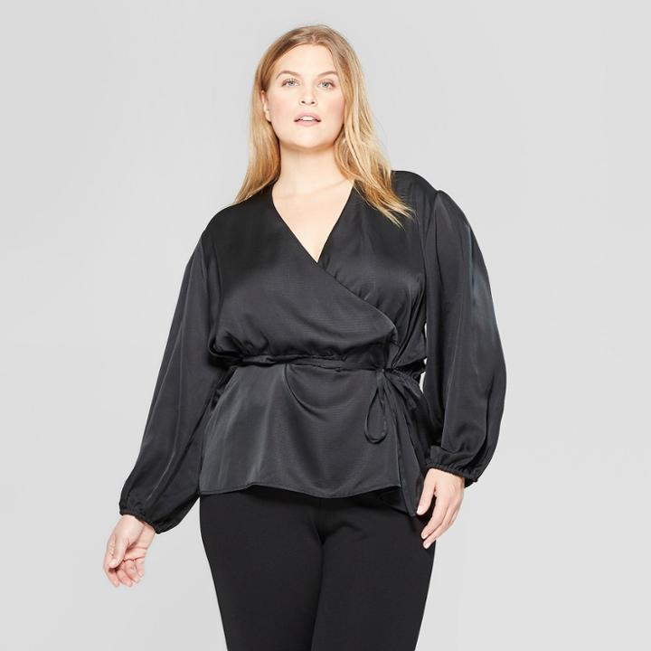 Women's Plus Size Long Sleeve Wrap Blouse - Prologue Black