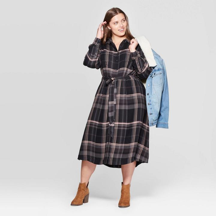 Women's Plus Size Plaid Long Sleeve Collared Midi Tie Belt Shirtdress - Universal Thread Green X, Women's