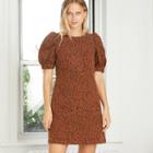 Women's Leopard Print Puff Short Sleeve Structured Denim Dress - Universal Thread Brown