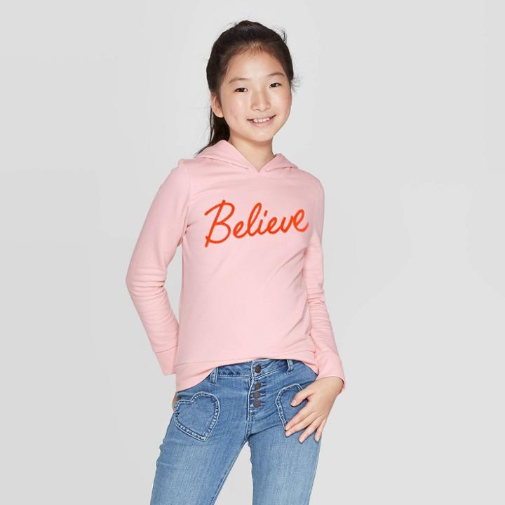 Girls' Long Sleeve Believe Pullover - Cat & Jack Pink M, Girl's,