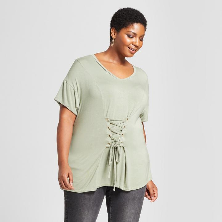 Women's Plus Size Lace-up Short Sleeve Top - Ava & Viv Green