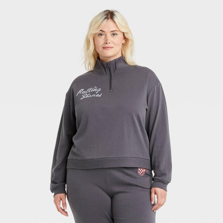 Women's The Rolling Stones Plus Size Checkered Logo Quarter Zip-up Graphic Sweatshirt - Black