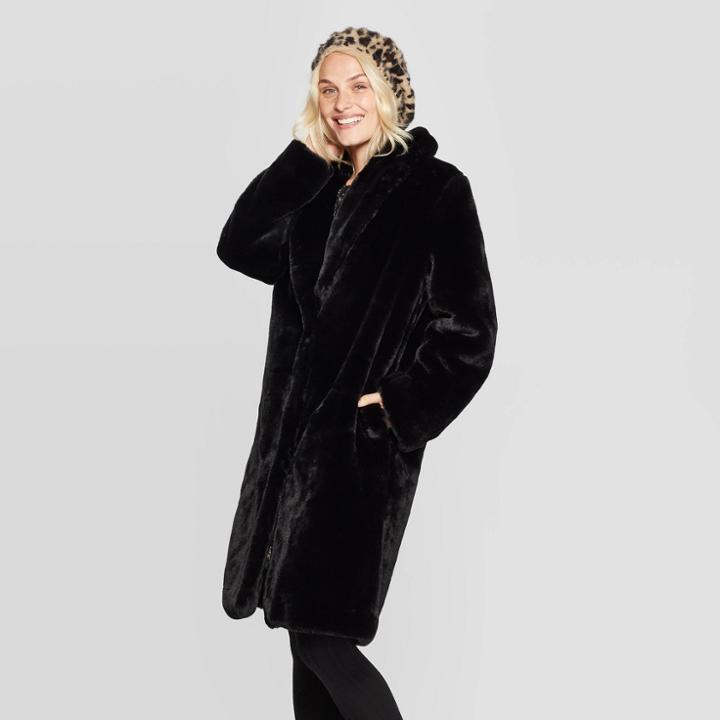 Women's Lapel Collar Faux Fur Coat - A New Day Black