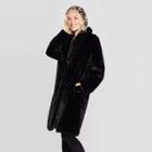 Women's Lapel Collar Faux Fur Coat - A New Day Black