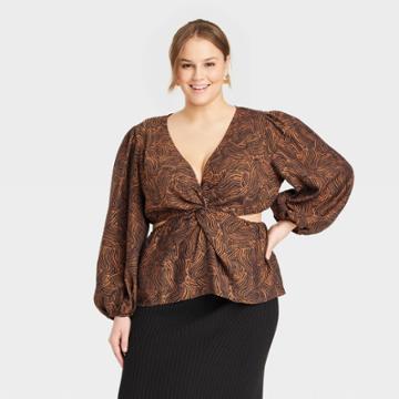 Women's Plus Size Puff Long Sleeve V-neck Twist-front Top - A New Day Brown/black