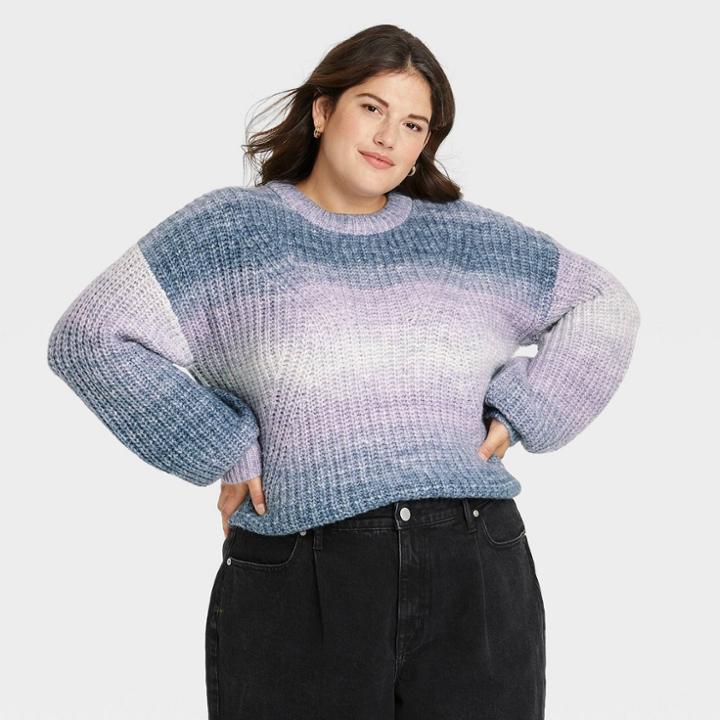 Women's Plus Size Spacedye Dye Crewneck Pullover Sweater - A New Day Blue