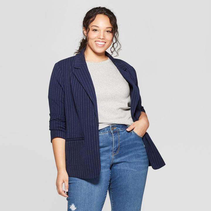 Women's Plus Size Striped Blazer - Ava & Viv Navy