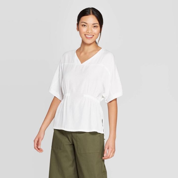 Women's Short Sleeve V-neck Side Ruched Blouse - Prologue White