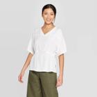 Women's Short Sleeve V-neck Side Ruched Blouse - Prologue White