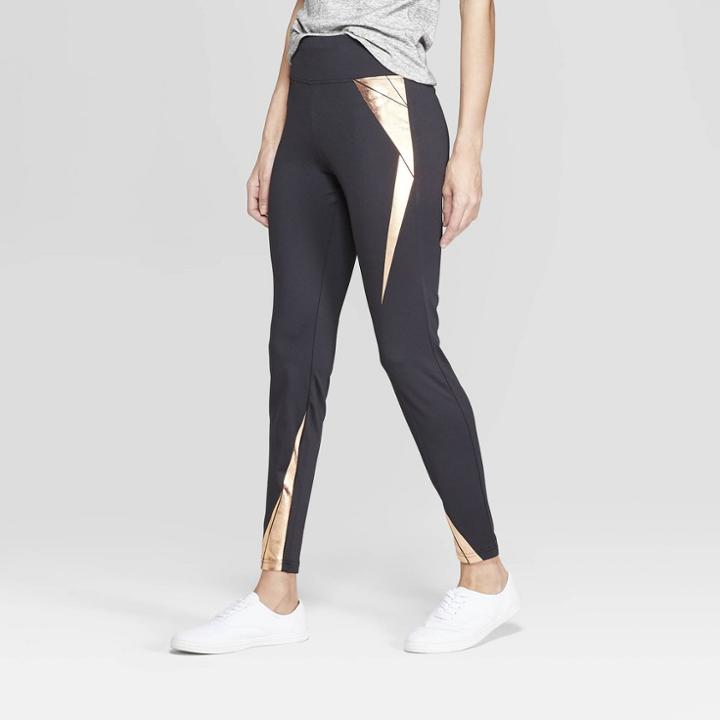 Women's Wide Waistband With Rose Gold Foil Leggings - Xhilaration Black
