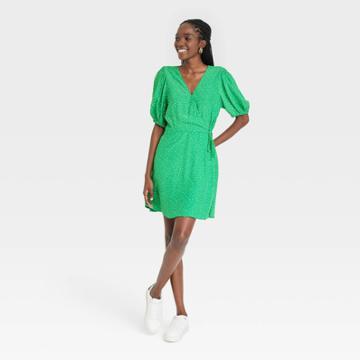 Women's Puff Short Sleeve Wrap Dress - A New Day Green Polka Dots