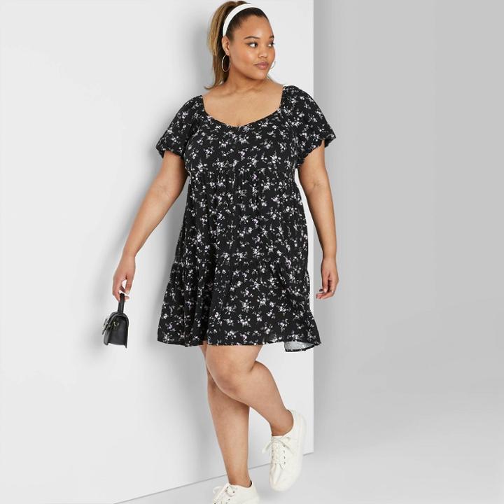 Women's Plus Size Floral Print Short Puff Sleeve Round Neck Babydoll Mini Dress - Wild Fable Black 1x, Women's,