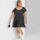 Women's Plus Size Floral Print Short Puff Sleeve Round Neck Babydoll Mini Dress - Wild Fable Black 1x, Women's,