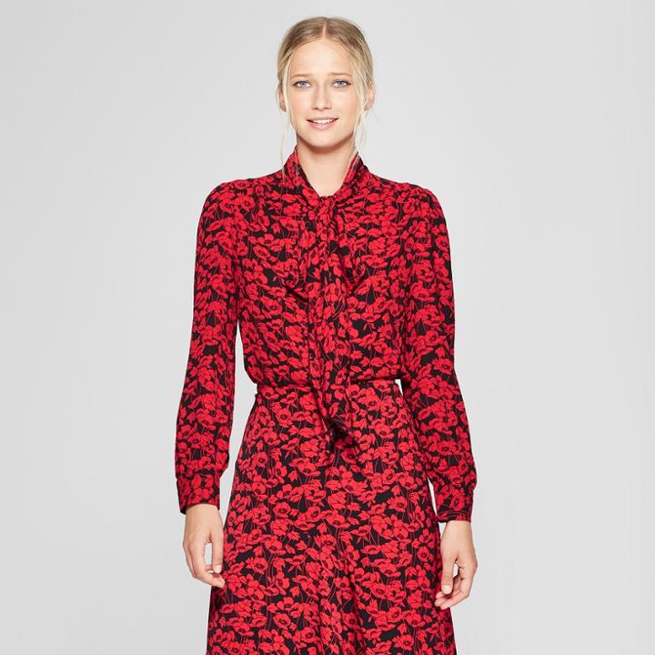 Women's Floral Print Long Sleeve Exaggerated Tie Neck Blouse - Who What Wear Red/black S, Red/black Floral