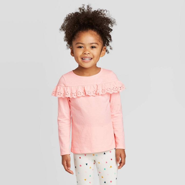 Toddler Girls' Long Sleeve Eyelet T-shirt - Cat & Jack Pink 12m, Toddler Girl's