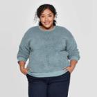 Women's Plus Size Long Sleeve Crewneck Sherpa Pullover Sweatshirt - A New Day Teal 1x, Size: