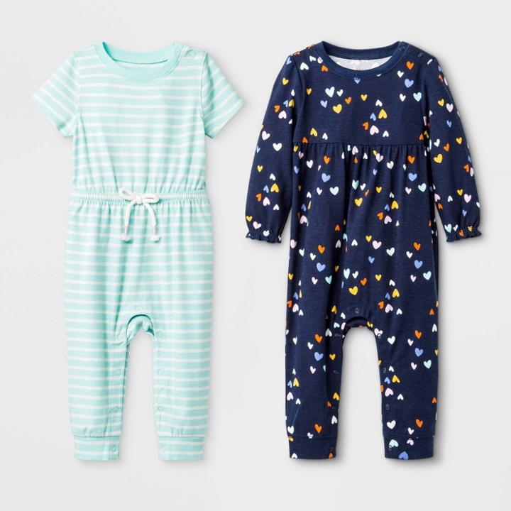 Baby Girls' 2pk Stripe All Over Print Romper - Cat & Jack Green/blue Newborn, Girl's