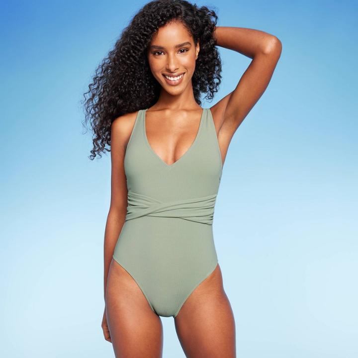 Shade & Shore Women's Ribbed Plunge Twist-front One Piece Swimsuit - Shade &