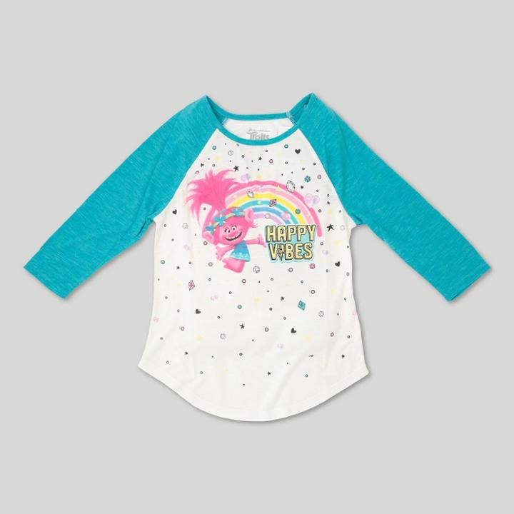 Girls' Trolls Poppy Happy Vibes 3/4 Sleeve Raglan Graphic T-shirt - Teal/ivory