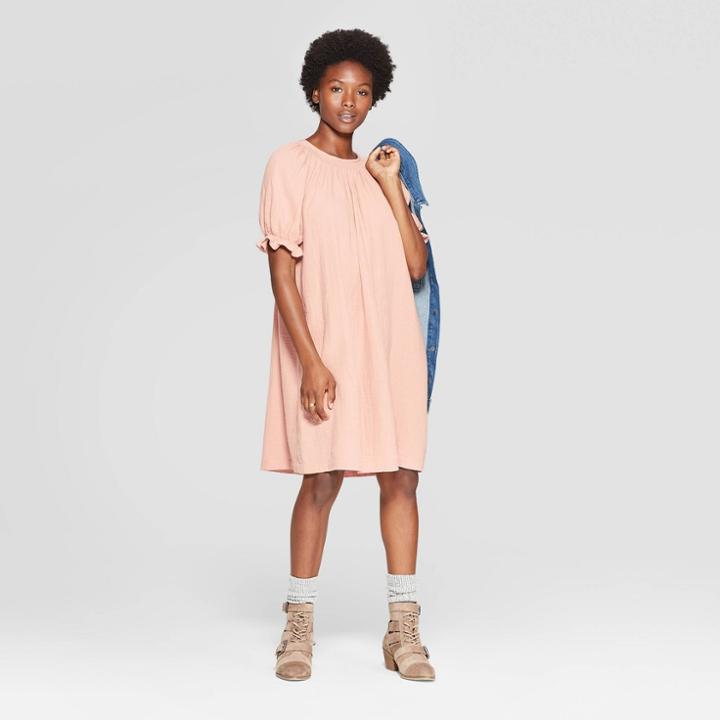 Petitewomen's Puff Short Sleeve Crewneck Smocked Gauze At Knee Shift Dress - Universal Thread Blush