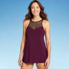 Women's High Neck Mesh Swim Dress - Aqua Green Currant