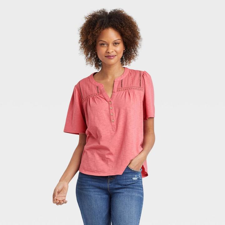 Women's Short Sleeve V-neck Eyelet Henley Shirt - Knox Rose Coral Red