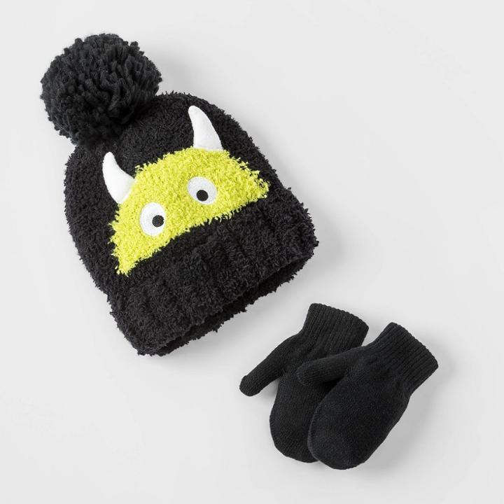 Toddler Boys' 2pk Monster Beanie With Magic Mittens Set - Cat & Jack Black