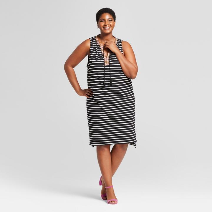 Women's Plus Size Striped Knit Sundress- Ava & Viv Black X