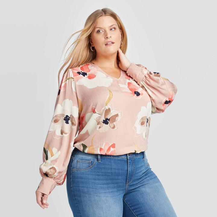 Women's Plus Size Floral Print Long Sleeve V-neck Blouse - Ava & Viv Blush X, Women's