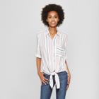 Women's Striped 3/4 Sleeve Tie Front Shirt - Needlework Blush
