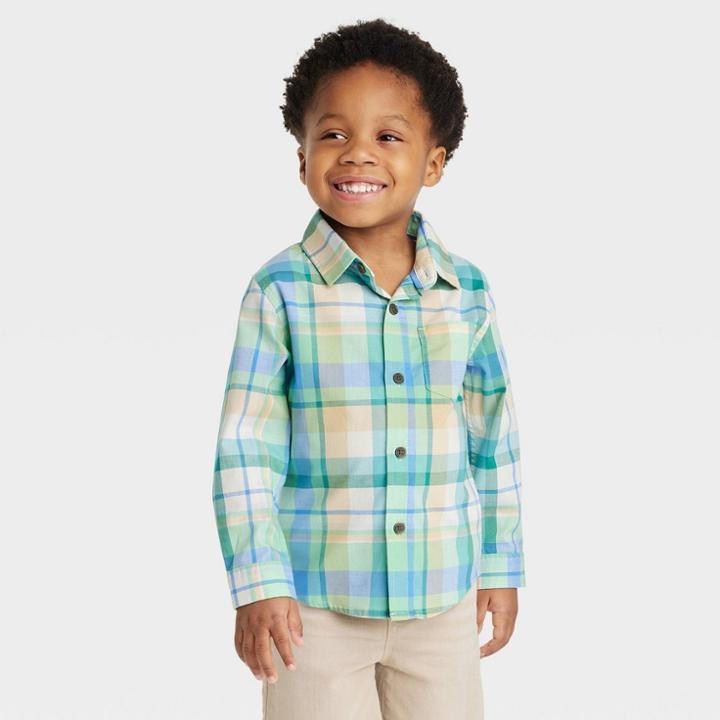 Toddler Boys' Long Sleeve Poplin Woven Shirt - Cat & Jack Green