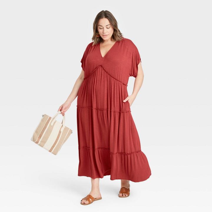 Women's Plus Size Short Sleeve Knit Tiered Dress - Knox Rose Rust