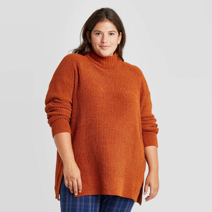 Women's Plus Size Mock Turtleneck Tunic Pullover Sweater - A New Day Rust