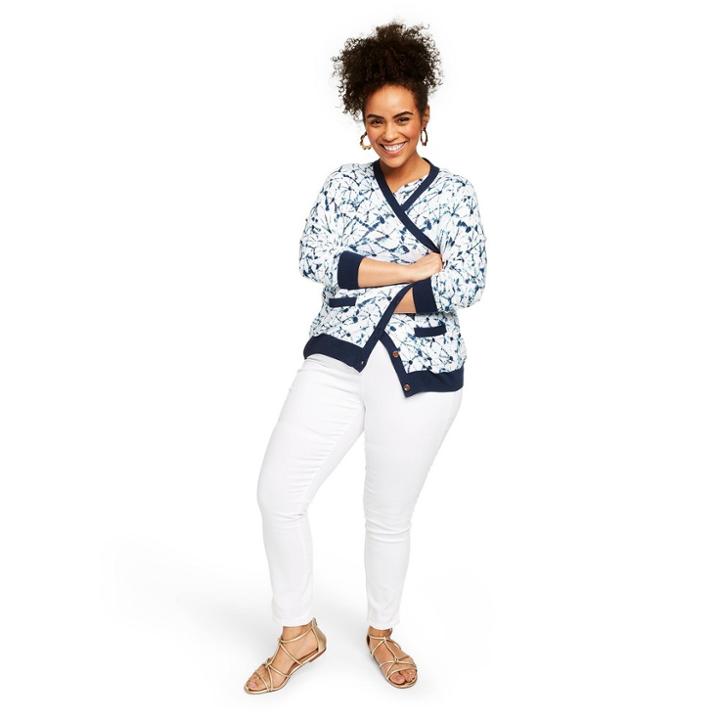 Women's Plus Size Shibori Print Long Sleeve V-neck Cardigan - Thakoon For Target White/blue 2x, Women's, Size: 2xl, White Blue