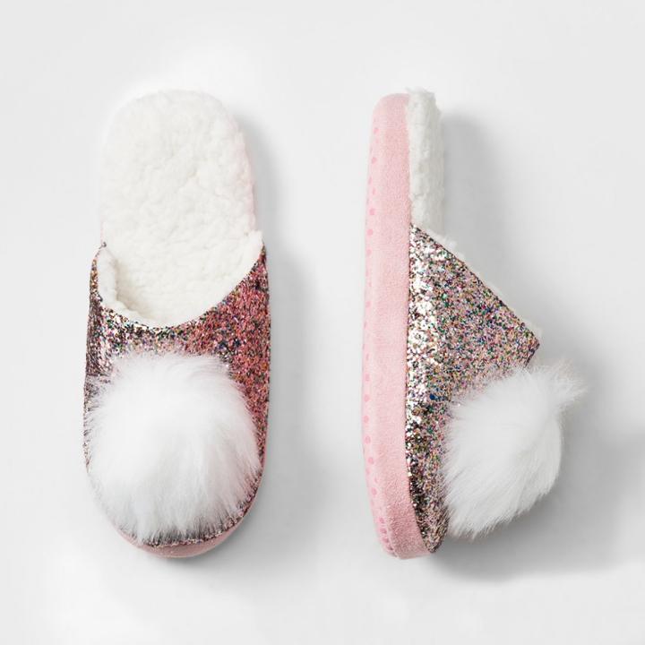 Girls' Glitter Slide With Pom Slippers - Cat & Jack Pink