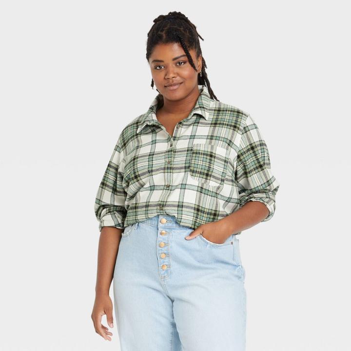 Women's Plus Size Long Sleeve Flannel Button-down Shirt - Universal Thread Dark Green Plaid