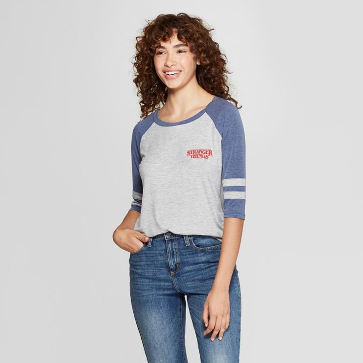 Women's Stranger Things 3/4 Sleeve 2 Characters Raglan Graphic T-shirt (juniors') Gray/navy