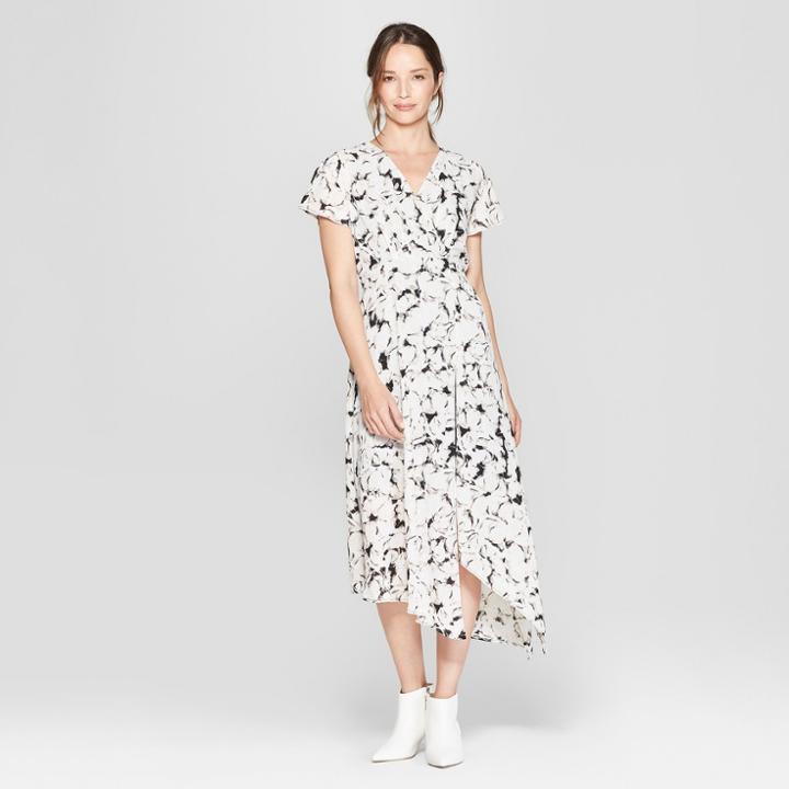 Women's Floral Print Short Sleeve Scarf Hem Midi Dress - Prologue Black/white