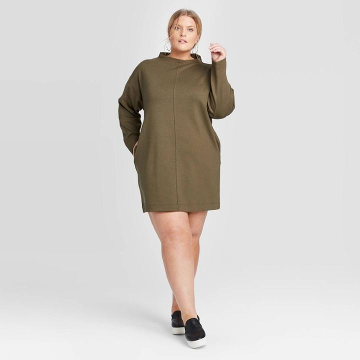 Women's Plus Size Long Sleeve Mock Turtleneck Scuba Dress - Prologue Olive 1x, Women's, Size: