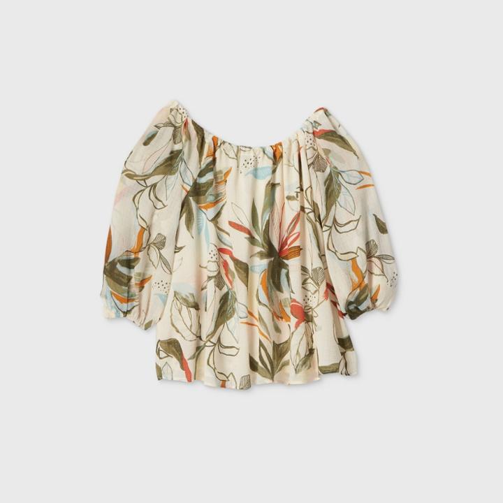 Women's Plus Size Floral Print Long Sleeve Chiffon Blouse - A New Day White