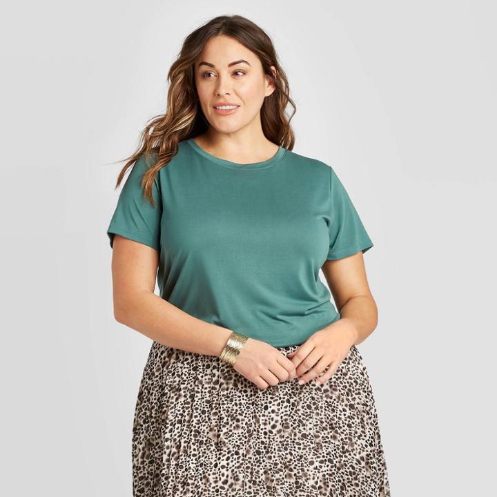 Women's Plus Size Short Sleeve Scoop Neck Sandwash T-shirt - Ava & Viv Green X, Women's