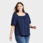 Women's Plus Size Puff Short Sleeve Square Neck Top - Knox Rose Navy