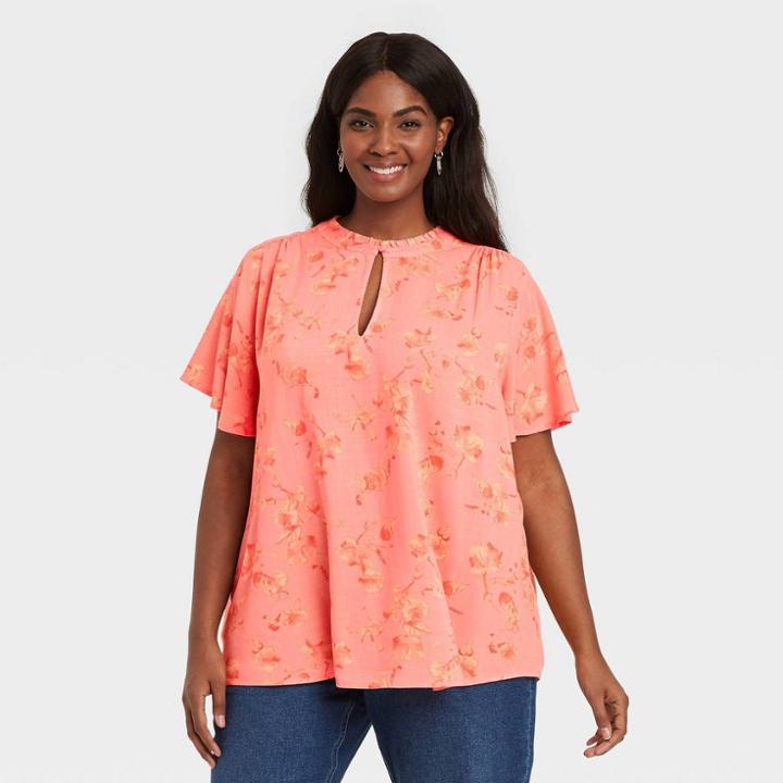Women's Plus Size Floral Print Short Sleeve Femme Flutter Blouse - Ava & Viv Coral