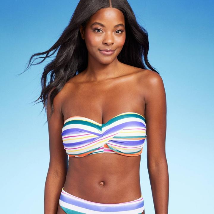 Women's Striped Twist Bandeau Bikini Top - Kona Sol Multi D/dd Cup, Black/ivory/green