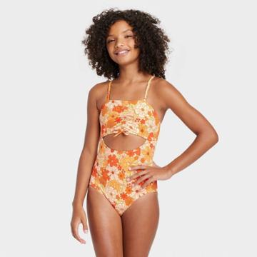 Girls' Vintage Affair One Piece Swimsuit - Art Class Xs, Orange/blue