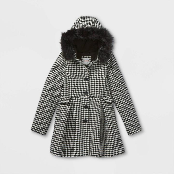 Girls' Faux Fur Hooded Trim Wool Jacket - Cat & Jack Black/white