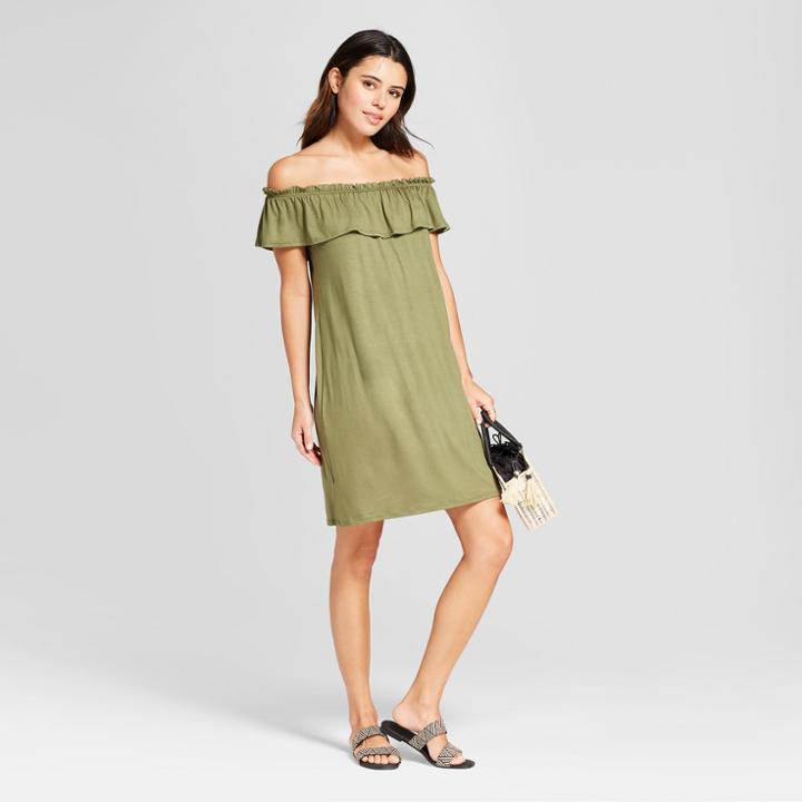 Women's Short Sleeve Off The Shoulder Ruffle Flounce Mini Dress - Alison Andrews Olive L, Size: