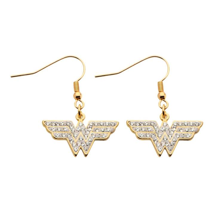 Women's Dc Comics Wonder Woman Stainless Steel (silver) Cz Dangle Earrings Gold
