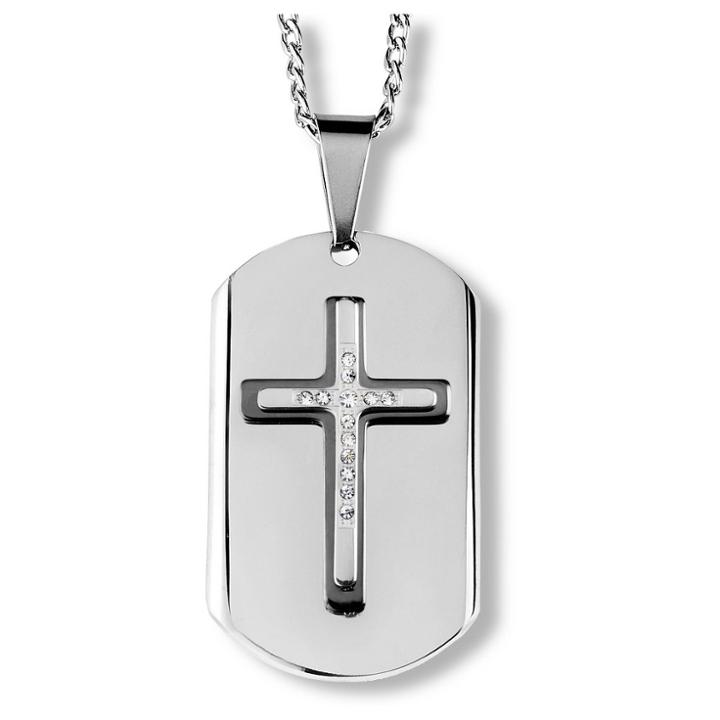 Men's West Coast Jewelry Blackplated Two-tone Stainless Steel Triple Layer Crystal Cross Dog Tag Pendant, Clear